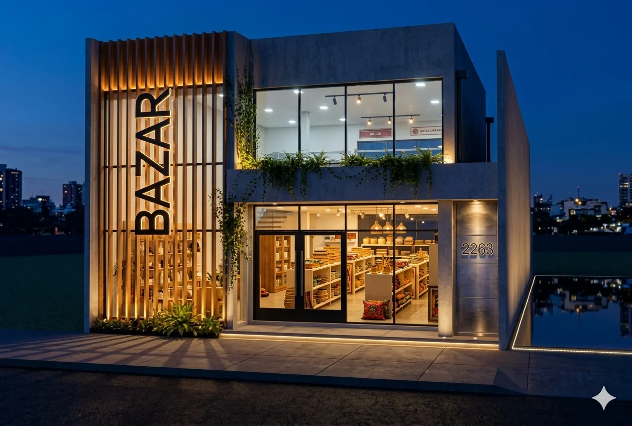 Visualización conceptual de una fachada comercial, con iluminación cálida y vegetación
