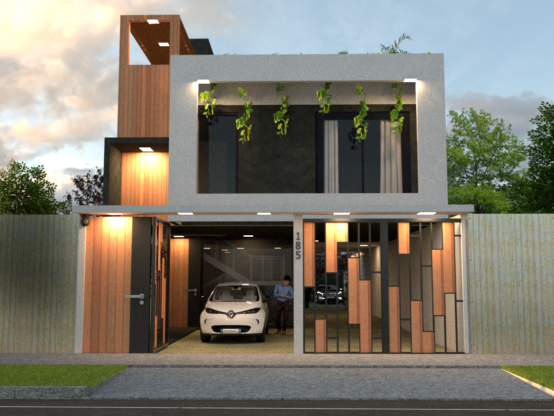 Visualización arquitectónica de fachada de vivienda de dos plantas